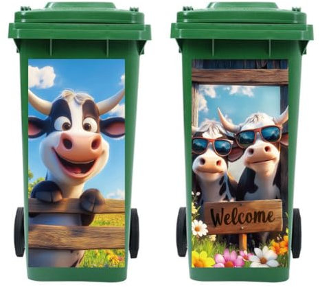 Peacoblue Wheelie Bin Stickers 2 Sheets Funny Cow Sticky Dustbin Stickers Decals, 15in x 32in Waterproof Self Adhesive Large Decal for Trash Cans Bins Driveway Garden Outdoor Indoor Decoration