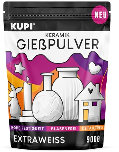 KUPI 0,9kg Gips zum Gießen Lufthärtend & Geruchlos | Keramik Gießpulver Weiß | Gießmasse für Silikonformen | Reliefgießpulver Bastel Zubehör zum Modellieren Strukturieren