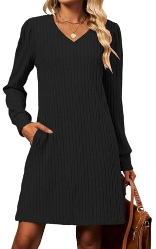 POGTMM Frühlingkleid Damen Dünne Strickkleid Langarm Tunika Kleid V Ausschnitt Freizeitkleid mit Taschen Schwarz XL