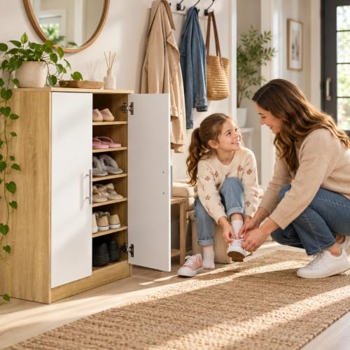 Armario de Almacenamiento de Zapatos Sonoma con Puerta de Roble Blanco, Elegante Zapatero de Madera, 2 Puertas con 5 estantes Ajustables, 90 cm de Alto