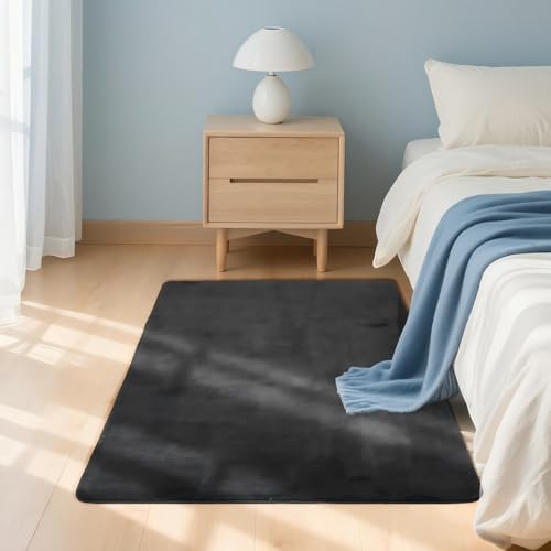 Teppich Läufer Flauschiger Kurzflor, Wohnzimmerteppich, 60X100, Schwarz | Kleiner Matte Flur Teppiche Schlafzimmer, Einfarbiges Bettvorleger Rutschfest für Deko/Küche/Eingang/Kinderzimmer
