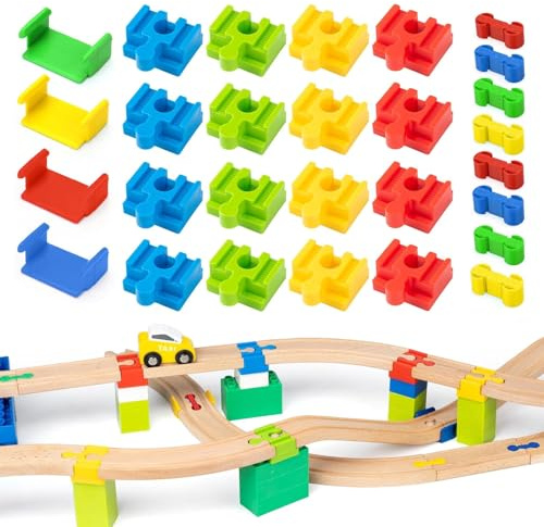 28 Stück Holzeisenbahn Schienen Adapter Eisenbahn, Adapter für Holzeisenbahnen, Holz Schienen Connectors Eisenbahn Spielzeug Zubehör, Schienenverbinder aus Kunststoff für Modellzüge