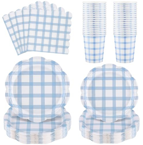 NatNarr Partygeschirr Set Blau, 96 Stück Für 24 Personen, Kariert | Blaue Pappteller Partygeschirr Servietten mit Wellenrand für 24 Personen Geburtstage Babypartys Hochzeiten Teepartys