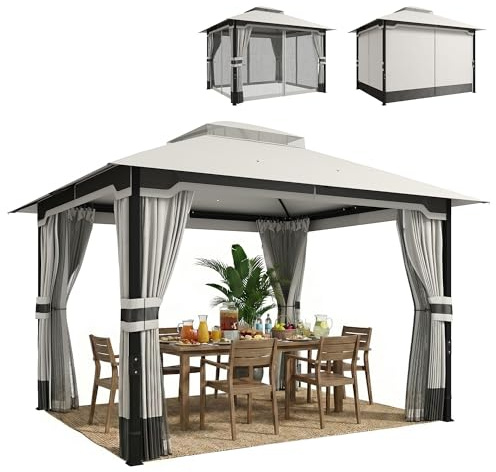 Outsunny Gazebo da giardino 3 x 3,6 m, gazebo da giardino con doppio tetto, 4 pareti laterali e zanzariera, struttura metallica, drenaggio, tenda da esterno, terrazza, patio, grigio chiaro