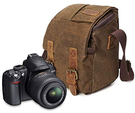 Waterproof Canvas Leather Trim DSLR SLR Shockproof Camera Shoulder Messenger Bag­ (Grey) (Brown)