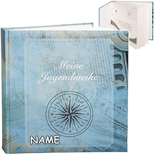 Fotoalbum/Jugendweihealbum/Erinnerungsalbum - Meine Jugendweihe - Traveler blau - inkl. Name - Gebunden - blanko weiß - 60 Seiten - für bis zu 180..