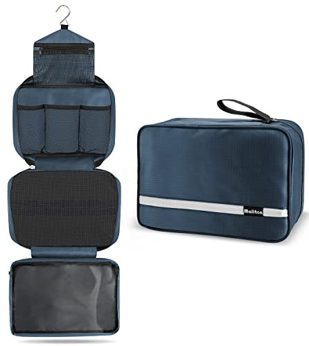 Maliton Trousse de Toilette,Pliable Grande Trousse de Toilette Voyage pour Homme et Femmes, Sac de Voyage Imperméable et Suspendu avec 4 Compartiments, Bleu Marine