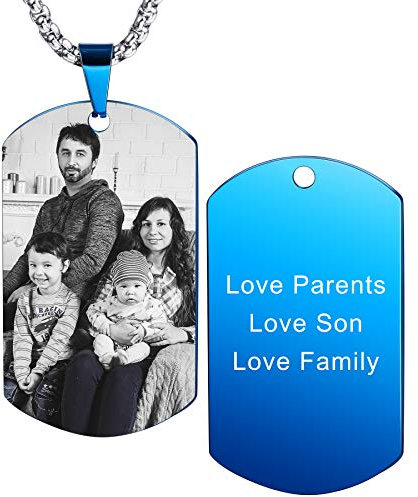 MeMeDIY Personnalisé Dog Tag Pendentif Collier Gravure Texte/Noir et Blanc Photo pour Homme Femme Mémorial en Acier Inoxydable Bijoux Bundle avec Chaîne Réglable, Porte-clés, Silencieux (Bleu)