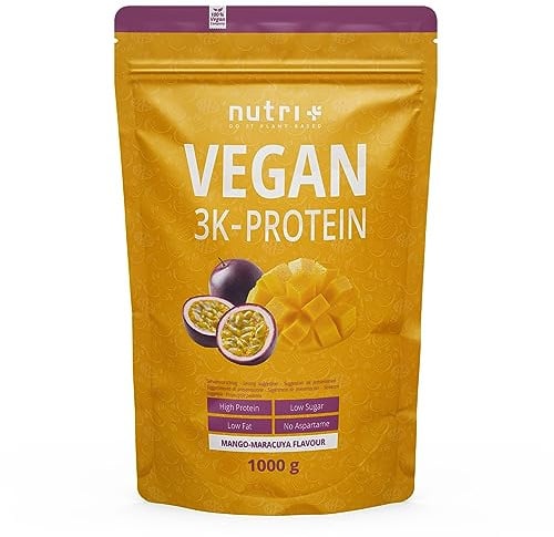 Nutri + Protein Powder Vegan Fruit de la passion et mangue 1kg - 82% de protéines - Nutri-Plus Shape & Shake 3k poudre de protéines végétalien - pour la croissance musculaire