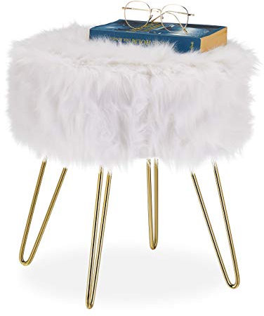 Relaxdays Fellhocker, Kunstfell, Metallgestell, rund, flauschig, eleganter Schminktischhocker, HxD 40 x 38 cm, weiß/Gold