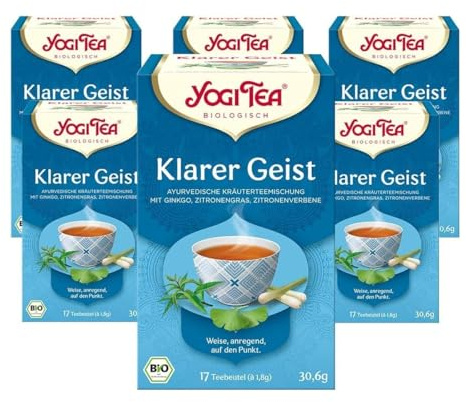 Yogi Tea Klarer Geist, 6x17 Beutel (102 Teebeutel) | Ayurvedischer Gewürz- und Kräutertee, von Natur aus koffeinfrei, mit Gingko, Zitronengras und Zitronenverbene