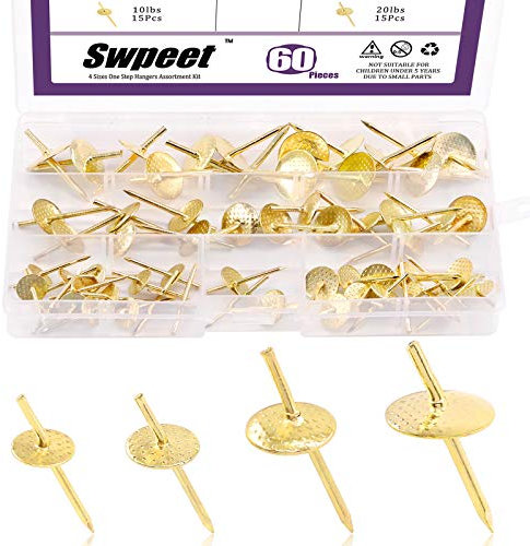 Swpeet 60Pcs 4 verschiedene Größen Gold Bild Aufhänger Sortiment Kit, 10Ib 20Ib 40Ib 60Ib Professionelle Eisen Legierung Nagelhaken Foto Bilderrahmen Aufhänger Kit auf Holz, für Uhr, Spiegel