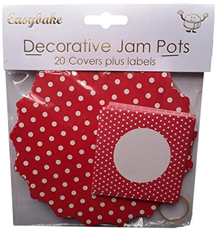20 White Polka Dots on Red Jam Pot Covers, Wax Discs, Rubber Bands and Self-Adhesive Labels