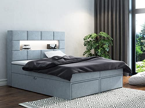 TRADA LED Boxspringbett mit Bettkästen und Pocket Matratze - Bett LUX mit 2X USB und Matratze - Double Bed - Modern - 180 x 200 cm