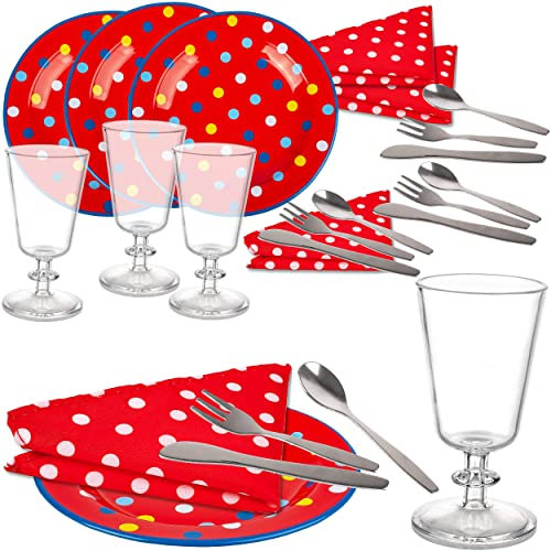 24 TLG. Set Puppengeschirr/Teeservice & Kaffeeservice + Besteck - Bunte Punkte - Geschirr aus Blech - Metall - Blechgeschirr - Kinderküche - Spielzeug Pic..