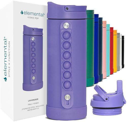 Elemental Iconic Pop Kids Water Bottles with Pop Strap - Triple Wall Leakproof Insulated Stainless Steel Water Bottle - Dishwasher Safe and BPA Free Water Bottle with Straw - Lavender - 414 ml