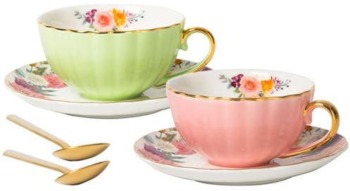 JOYOFUN Tea Cups and Saucers Set of 2,8 oz Tea Cup and Saucer With Gold Trim Spoon Royal Vintage Ceramic Floral Lined Coffee Cup for Latte,Porcelain Tea Sets Gift for Birthday Teaparty(Pink/Green)