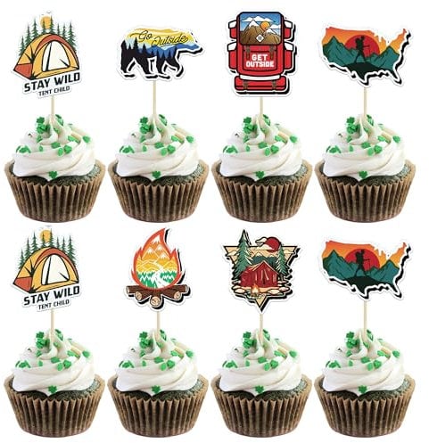 Gyufise 36Pcs Happy Camper Cupcake Toppers Tree Bear Campfire Tent Camping Cupcake Picks for Weekend Outdoor Camper Woodland Lumberjack Theme Birthday Party Cake Decorations Supplies