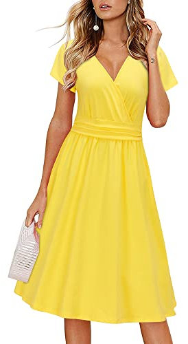 Newshows Summer Dresses for Women UK Short Sleeve V-Neck Faux Wrap Casual Midi Sundress with Pockets(Yellow,M)