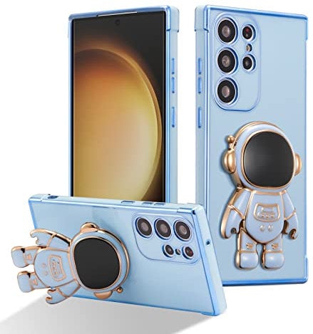 RALEAVO Hülle für Samsung Galaxy S23 Ultra mit Astronaut Ständer, Kameraschutz Kratzfest Stoßfeste Bumper Handyhülle mit 3D Cartoon für Galaxy S23 Ultra-Blau