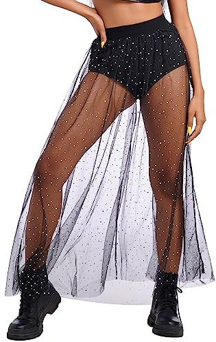 FYMNSI Damen Festival Glitzer Rock Rave Outfit 2 in 1 Transparent Mesh Rock Mit Hose Drunter High Waist T?llrock Lang Maxirock Hosenrock Strandrock Musikfestivals Party Streetwear Clubwear Schwarz L