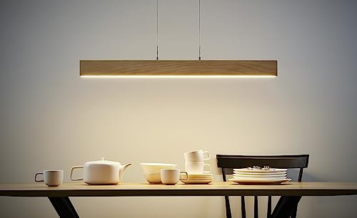 LED-Holz-Pendelleuchte aus Holz/Metall, 1-flammig, stufenlos dimmbar, Farbtemperatur CCT (Warmweiß) 3.000 K, 1.440 lm lm Lichtleistung, 22 W W Gesamtleistung für Wohn- und Esszimmer