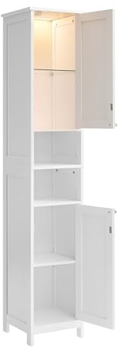 VASAGLE Armoire de Salle de Bain Haute avec Éclairage, Meuble de Rangement Mince, avec Étagères Réglables, Compartiments Ouverts, pour Les Petits Espaces, Moderne, Blanc Nuage BBC566W03