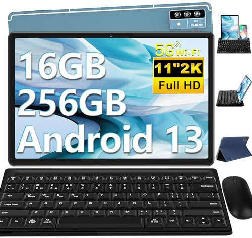 Oangcc 2025 Tablet 11 Pulgadas,16GB RAM+256GB ROM(TF 1TB) Android Tablet PC con Octa-Core 2.0GHz, 4-Altavoces, Baterías 8600 mAh, 5+13+2MP, 5G WiFi, BT 5.0, GPS Tablets con Ratón y Teclado - Azul