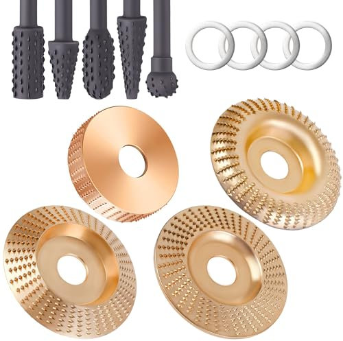 VOUHLAE 4PCS Angle Grinder Wood Carving Disc Set+5PCS Rotary Burr Rasp Set,4or 4 1/2Angle Grinder with 7/8Arbor,Grinding wheel shaping discs for wood grinding,wood angle grinder accessories