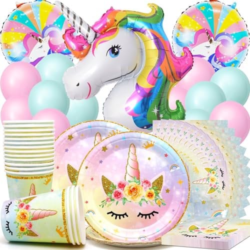 Huaxintoys Vajilla para Fiesta de Unicornio, Decoracion Cumpleaños Unicornio Incluye Platos Cumpleaños, Servilletas, Vasos, Globos de Látex y Globos Unicornio (75 Piezas)