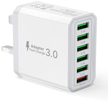 Tupneuf 33W USB Plug Fast Charge, 6-Port Multi Charger Plug UK Charging Power Adapter Multiple Quick Charge 3.0 Wall Mains Plug for iPhone 16 15 14 13 12 11 Pro Max X XR XS 8 7 6 6S Plus 5 5S SE, iPad