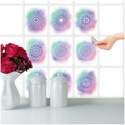 FoLIESEN Fliesenaufkleber für Bad, Küche, Badezimmer - Fliesen-Folie selbstklebend - Deko-Aufkleber - Mandala Freedom, .:20x25 cm - 9-tlg.