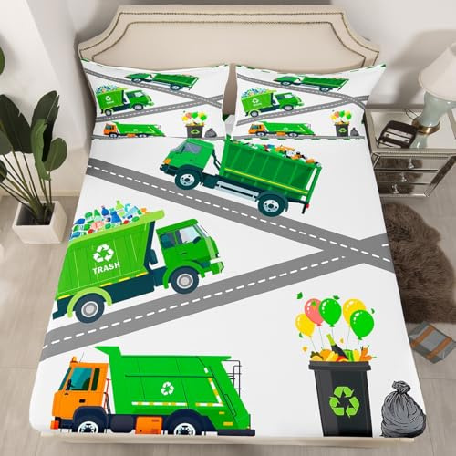 Erosebridal Garbage Truck Bedding Set Twin Size,Cartoon Car Bed Sheets for Toddler Kids Boys,Trash Truck Dark Green Fitted Sheet for Youth Teens Room Decor,Machinery Vehicle 2 Pieces Sheets