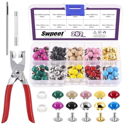 Swpeet 405Pcs 10 Colors 9mm Double Round Cap Leather Rivets with Fixing Tools, Double Cap Rivet Metal Studs, Leather Rivets Craft Belt Ideal for DIY Craft Leather Craft Repairs Decoration