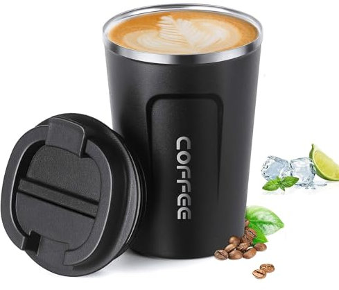 DDUP Travel Mugs, Insulated Coffee Cup with Leakproof Lid, Reusable Coffee Cups Travel,Portable Car Coffee Cup, Stainless Steel Thermal Mug for Hot and Cold Coffee Water and Tea-380ml(Black)