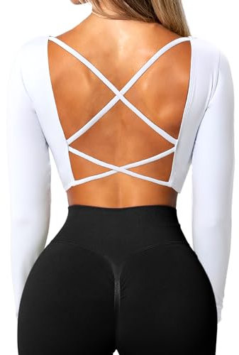 TZLDN Sport Oberteile Damen Rückenfrei T-Shirt Gym Top Yoga Langarm Crop Top Sportshirt Leicht Fitness Oberteil mit Daumenloch Strappy Back - Weiß S