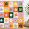 Miyotaa Duschvorhang-Set, Retro-Blumenmuster, kariert, 152 x 180 cm, 70er-Jahre, bunt, groovig, ästhetisch, trendig, modern, pastellfarben, Y2K, Polyester, wasserdicht, Badezimmer-Vorhang mit 12 Haken