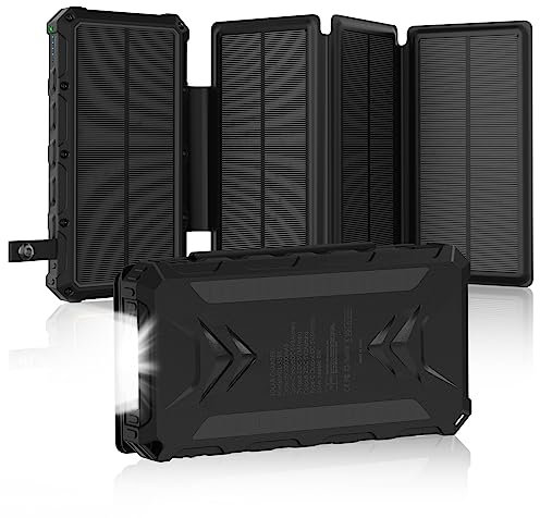 Solar Charger 20000mAh Solar Power Bank with Dual 5V3A Outputs Fast Charging Portable Charger, 4 Solar Panels External Battery Pack Waterproof and Flashlights for Phone,Tablet,Outdoor,Camping (black)