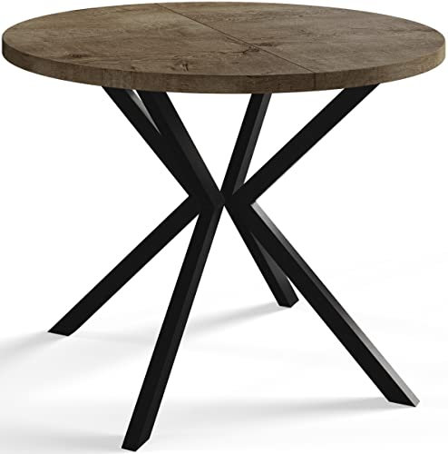 AlpiMeble Runder Esszimmertisch LOFT LITEN, ausziehbarer Tisch Durchmesser: 120 cm/200 cm, Wohnzimmertisch Farbe: Grau, mit Metallbeinen in Farbe Schwarz