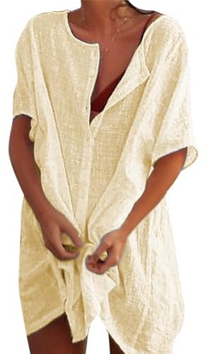 RITOSTA Robe de Plage Femme Ete Sexy Pareo de Plage pour Maillot de Bain Couvrir Kimono Tunique Plage Boutonné Cache-Maillots et Sarongs Col V Bikini Cover Up Poncho Blouse Manches Longues(Jaune,S)