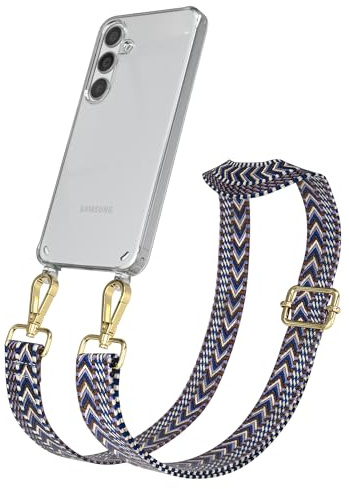 EAZY CASE Handykette - Verstellbares Taschenband kompatibel mit Galaxy S24, Schulterriemen, Handykordel mit Silikon Hülle, Umhängetasche, Blau Weiß Gold