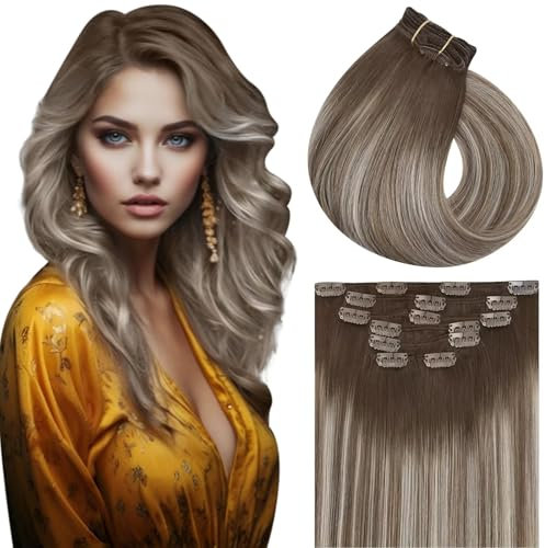 Vivien Echthaar Clip in Extensions Ombre 35cm Echthaar Extensions Clip Balayage Braun bis Blond Remy Haarverlängerungen 120g 7 Stücke