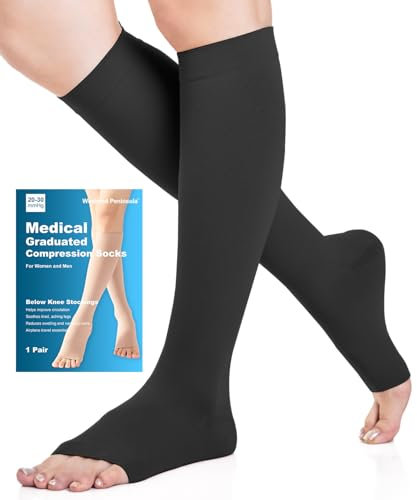 Offene Zehe Medizinische Kompressionsstrümpfe Damen & Herren 20-30 mmHg Klasse 2, Größe S-4XL, Kompressionssocken Stützstrümpfe für Krampfadern Ödeme Flug (Schwarz, L)