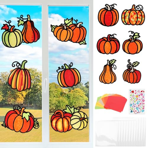 MONCAP 12 Stück Herbst Basteln Kinder Kürbis Bastelset Herbstdeko Kreative DIY Herbst Fenster Kreativsets Herbst Fensterbilder Kunst und Bastelhandwerk für Mädchen Jungen Schule Herbst Party Geschenk