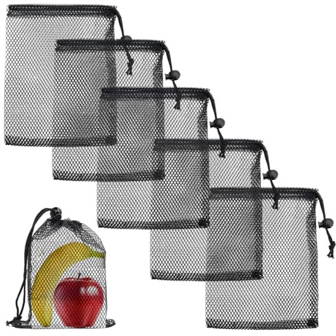 5Pcs Small Mesh Net Bags Black Drawstring Mesh Bag Mini Nylon Net Organizer Storage Bag with Cord Lock Closure Sack for Beach Swimming Pool Kitchen Home Small Items Jewelry Toys Gifts, 5.9 X 7.8 Inch