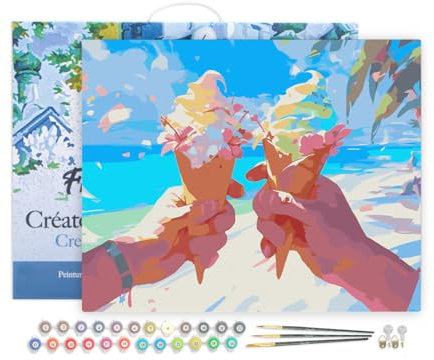 Figured'Art Peinture par Numéro Adulte avec Cadre Glace en bord de mer - Activité Manuelle Kit de Loisir Créatif DIY Numéro d'Art Complet - 40x50cm toile tendue sur châssis
