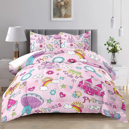 Raphus Cucullatus Princess Twin Pink Tröster – Castle Kawaii Bettwäsche, hübsche Steppdecke für Mädchen