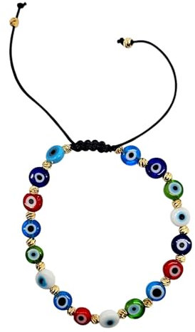 MYSTIC JEWELS Bracelet en perles de verre avec mauvais œil turc, chance et protection, Ajustable, Verre Verre Cordon, Pas de gemme