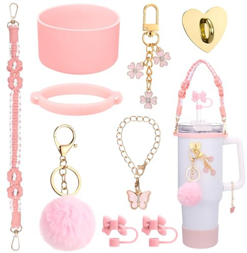 Cup Accessory Set Compatible with Stanley,7PCS Cup Decor Includes Straw Cover,Water Bottle Handle Strap,Silicone Cup Boot,Charms for 40oz & 30 oz Tumbler,Pink