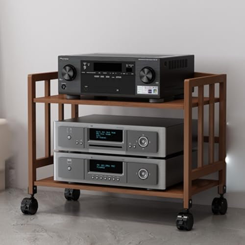 Height Adjustable Side Table with Turntable and Multifunctional Storage Shelf for Office and Study TV Rack HiFi Shelf Audio Cabinet Rolling Container Trolley Wood (50 x 38 x 53 cm)